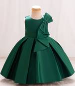 Green solid satin a-line flared party wear kids dress