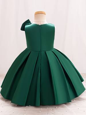 Green solid satin a-line flared party wear kids dress 2