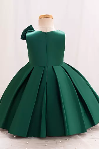 Green solid satin a-line flared party wear kids dress