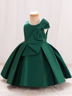 Green solid satin a-line flared party wear kids dress 3
