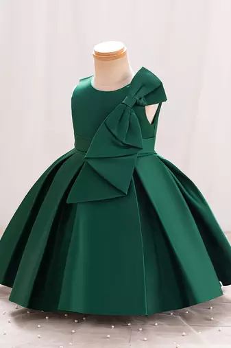 Green solid satin a-line flared party wear kids dress
