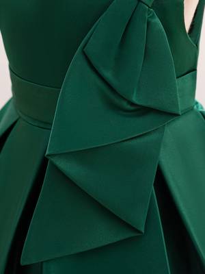 Green solid satin a-line flared party wear kids dress 4