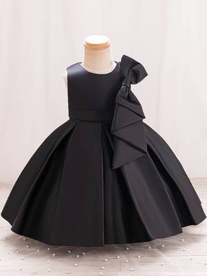 Black solid satin a-line flared party wear kids dress 1