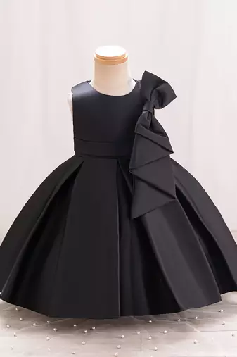 Black solid satin a-line flared party wear kids dress