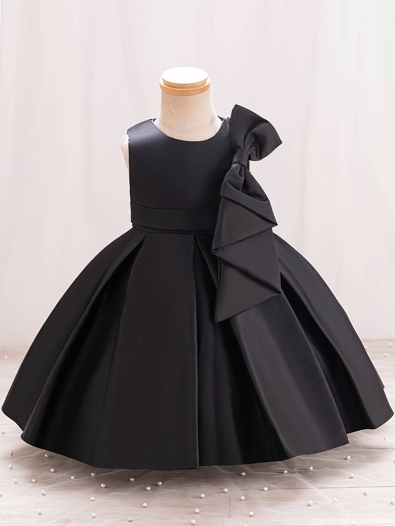Black solid satin a-line flared party wear kids dress