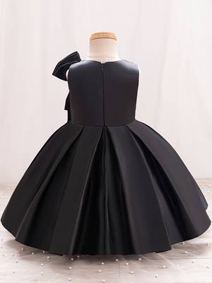 Black solid satin a-line flared party wear kids dress 2
