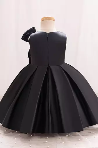 Black solid satin a-line flared party wear kids dress