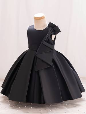 Black solid satin a-line flared party wear kids dress 3