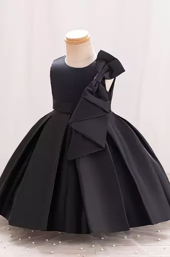 Black solid satin a-line flared party wear kids dress