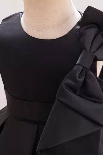 Black solid satin a-line flared party wear kids dress