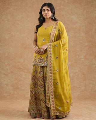 Mustard chinon multocolored thread work  sharara set 1