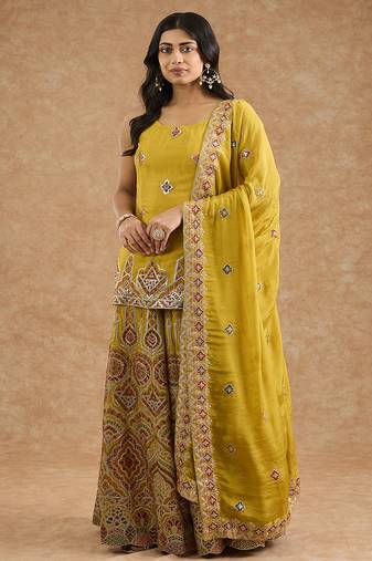 Mustard chinon multocolored thread work  sharara set