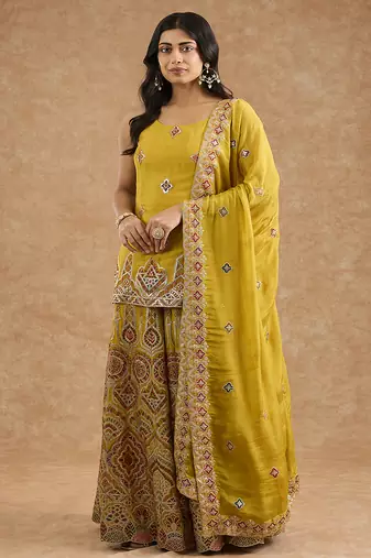 Mustard chinon multocolored thread work  sharara set