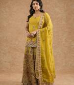 Mustard chinon multocolored thread work  sharara set
