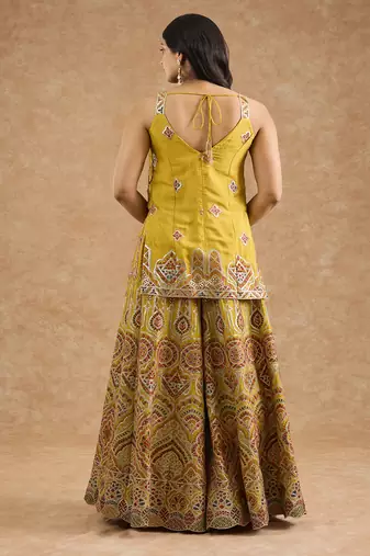 Mustard chinon multocolored thread work  sharara set
