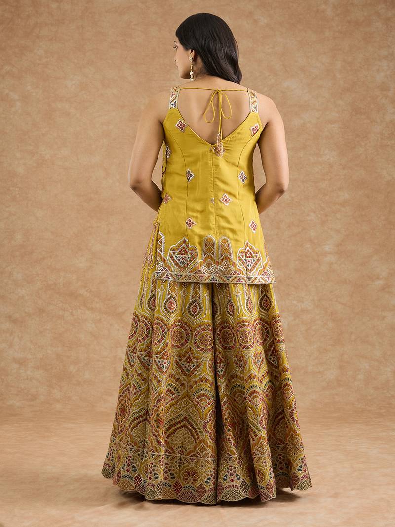 Mustard chinon multocolored thread work  sharara set