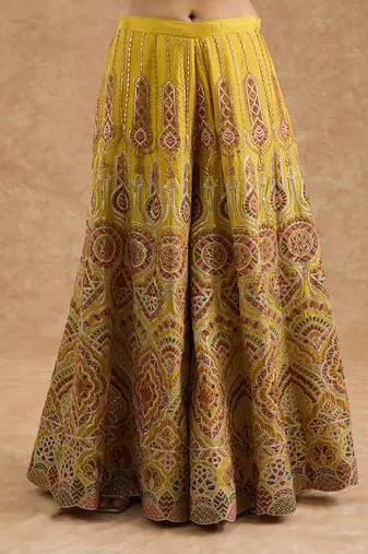 Mustard chinon multocolored thread work  sharara set