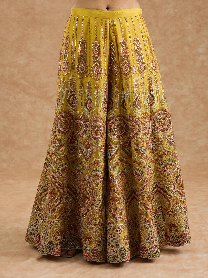 Mustard chinon multocolored thread work  sharara set