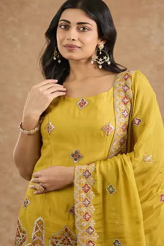 Mustard chinon multocolored thread work  sharara set