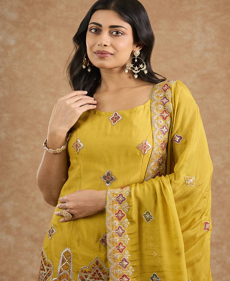 Mustard chinon multocolored thread work  sharara set