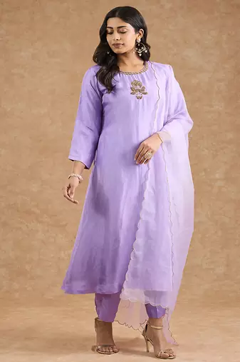 Lavender opara silk hand embroidered kurta set