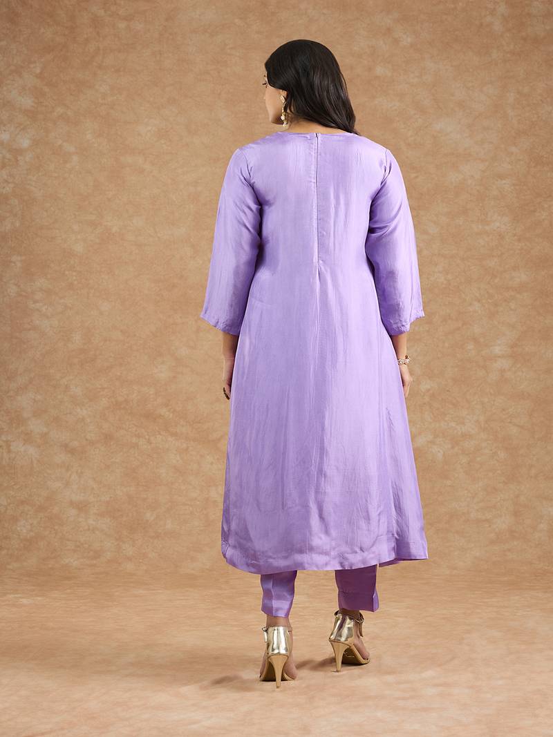 Lavender opara silk hand embroidered kurta set