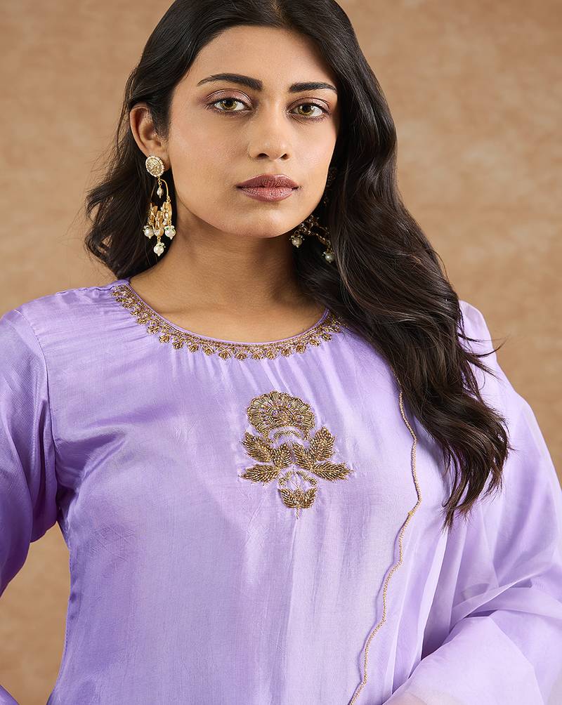 Lavender opara silk hand embroidered kurta set