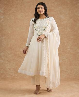 Ivory georgette applique work anarkali set 1