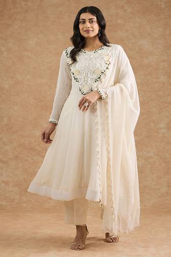 Ivory georgette applique work anarkali set