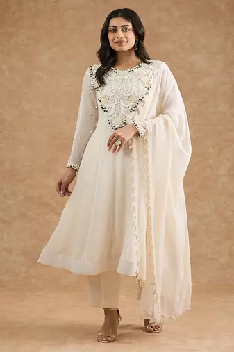 Ivory georgette applique work anarkali set