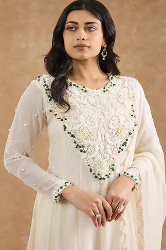Ivory georgette applique work anarkali set