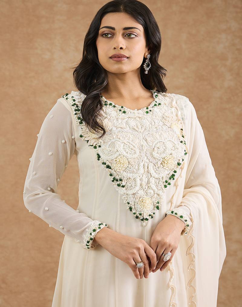 Ivory georgette applique work anarkali set