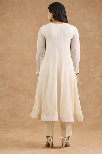 Ivory georgette applique work anarkali set