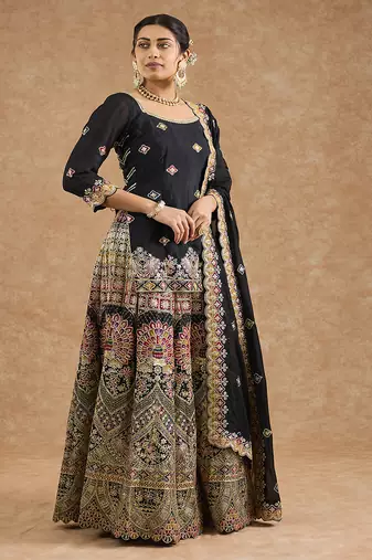 Black chinon multocolored thread work  sharara set