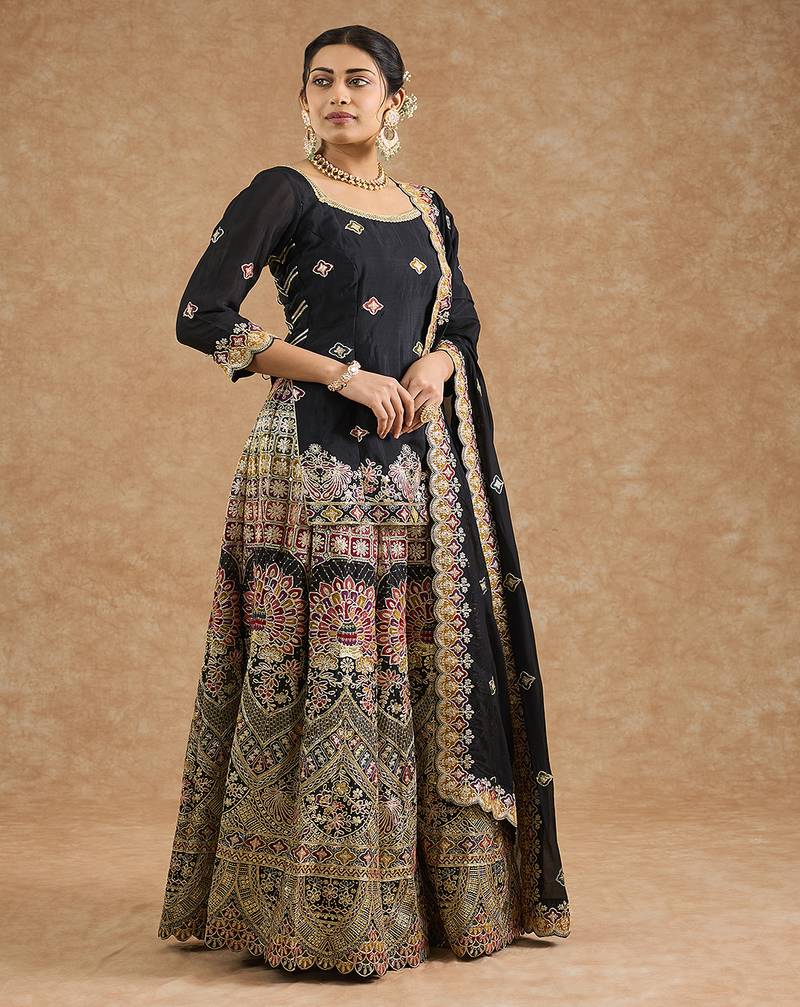 Black chinon multocolored thread work  sharara set