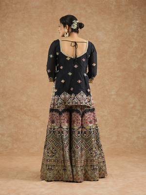 Black chinon multocolored thread work  sharara set 2