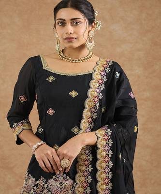 Black chinon multocolored thread work  sharara set 3