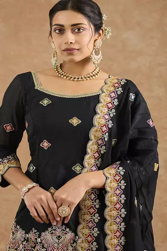 Black chinon multocolored thread work  sharara set