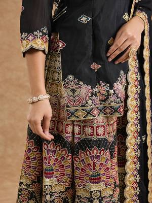 Black chinon multocolored thread work  sharara set 4