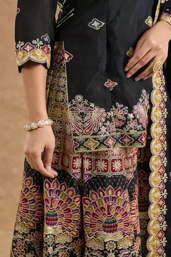 Black chinon multocolored thread work  sharara set