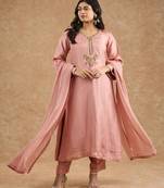 Dull peach opara silk hand embroidered kurta set