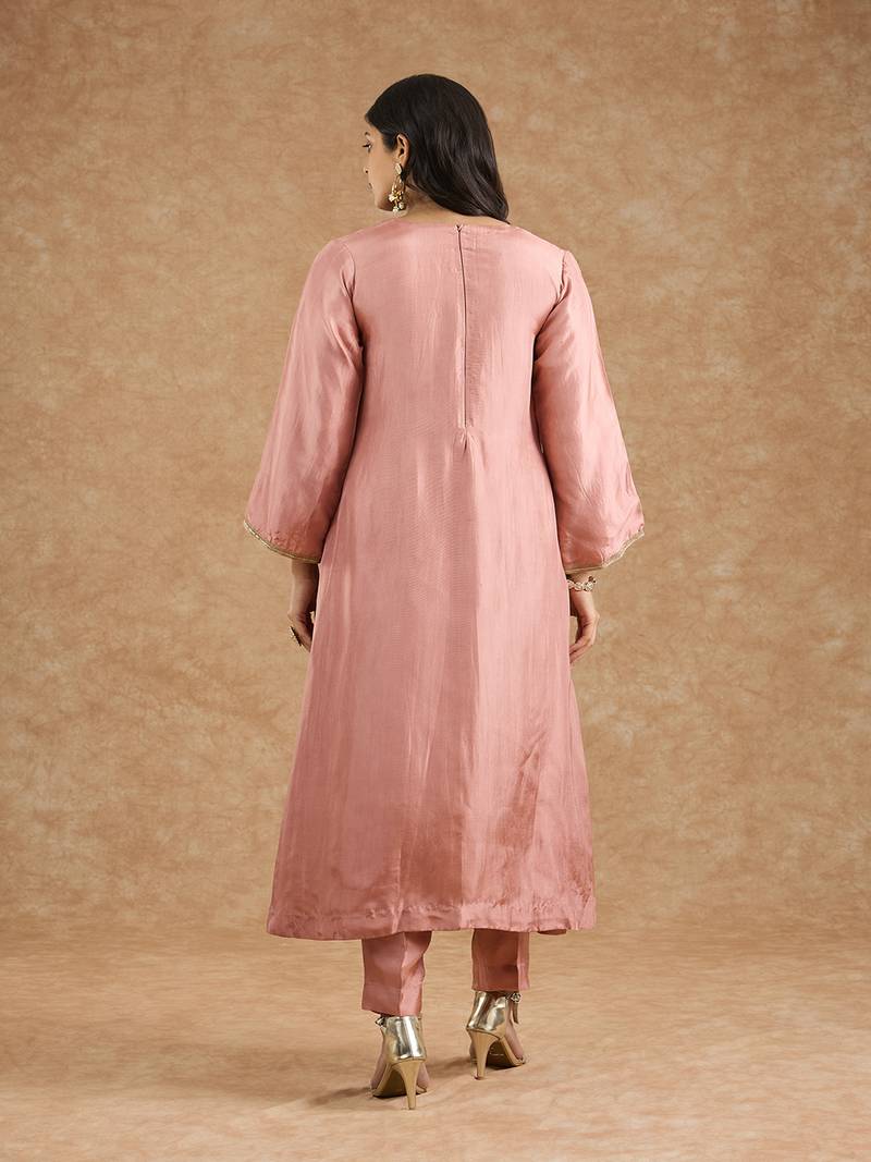 Dull peach opara silk hand embroidered kurta set