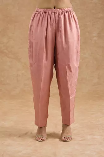 Dull peach opara silk hand embroidered kurta set