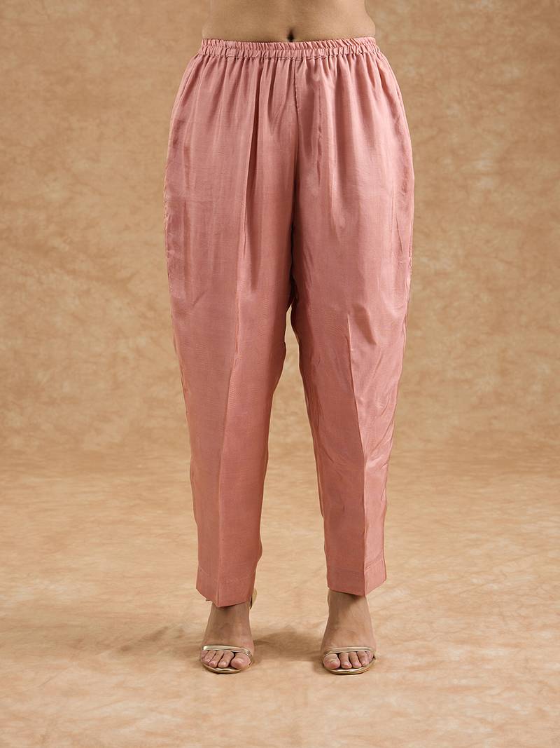 Dull peach opara silk hand embroidered kurta set