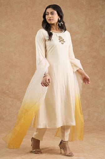 Ivory opara silk hand embroidered kurta set