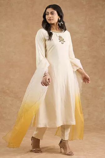 Ivory opara silk hand embroidered kurta set