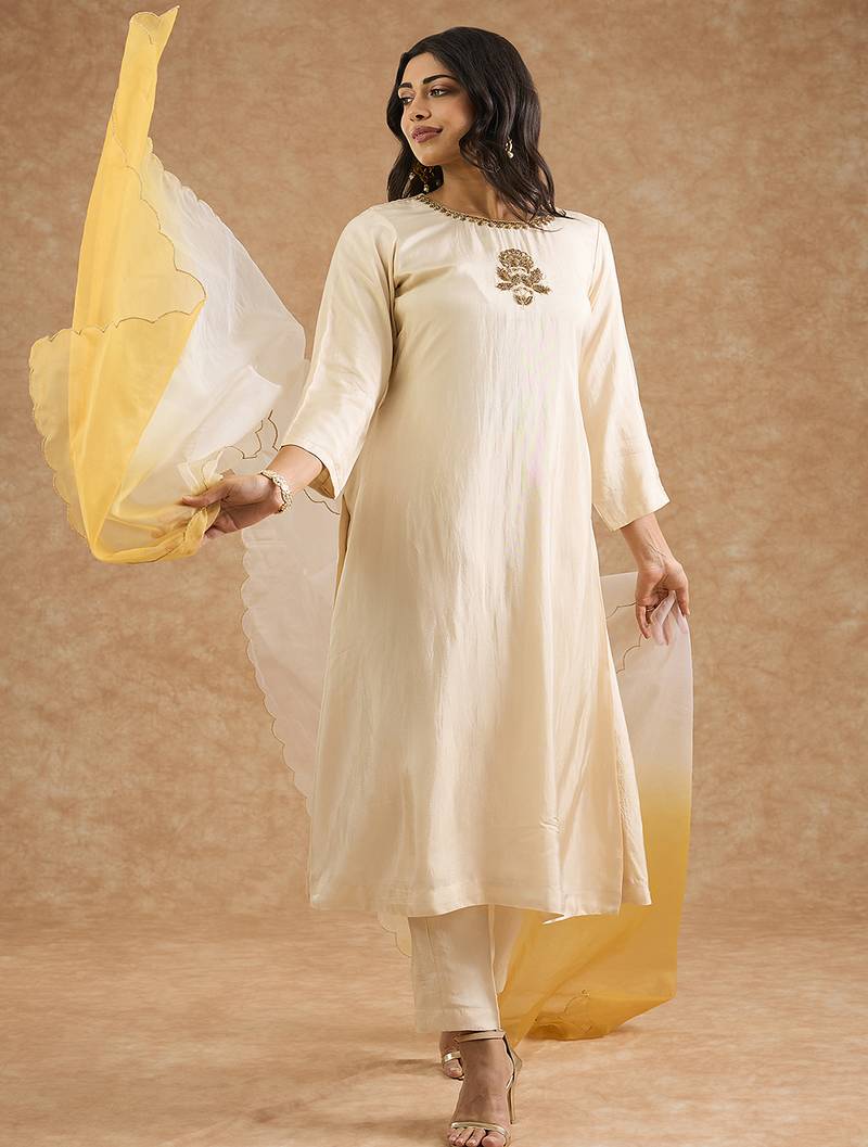 Ivory opara silk hand embroidered kurta set
