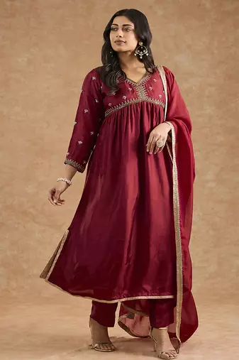 Maroon viscose opara silk hand embroidered kurta set