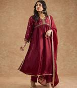 Maroon viscose opara silk hand embroidered kurta set