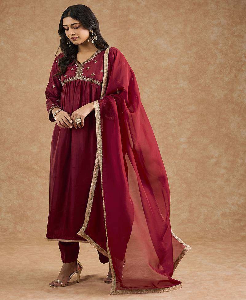 Maroon viscose opara silk hand embroidered kurta set